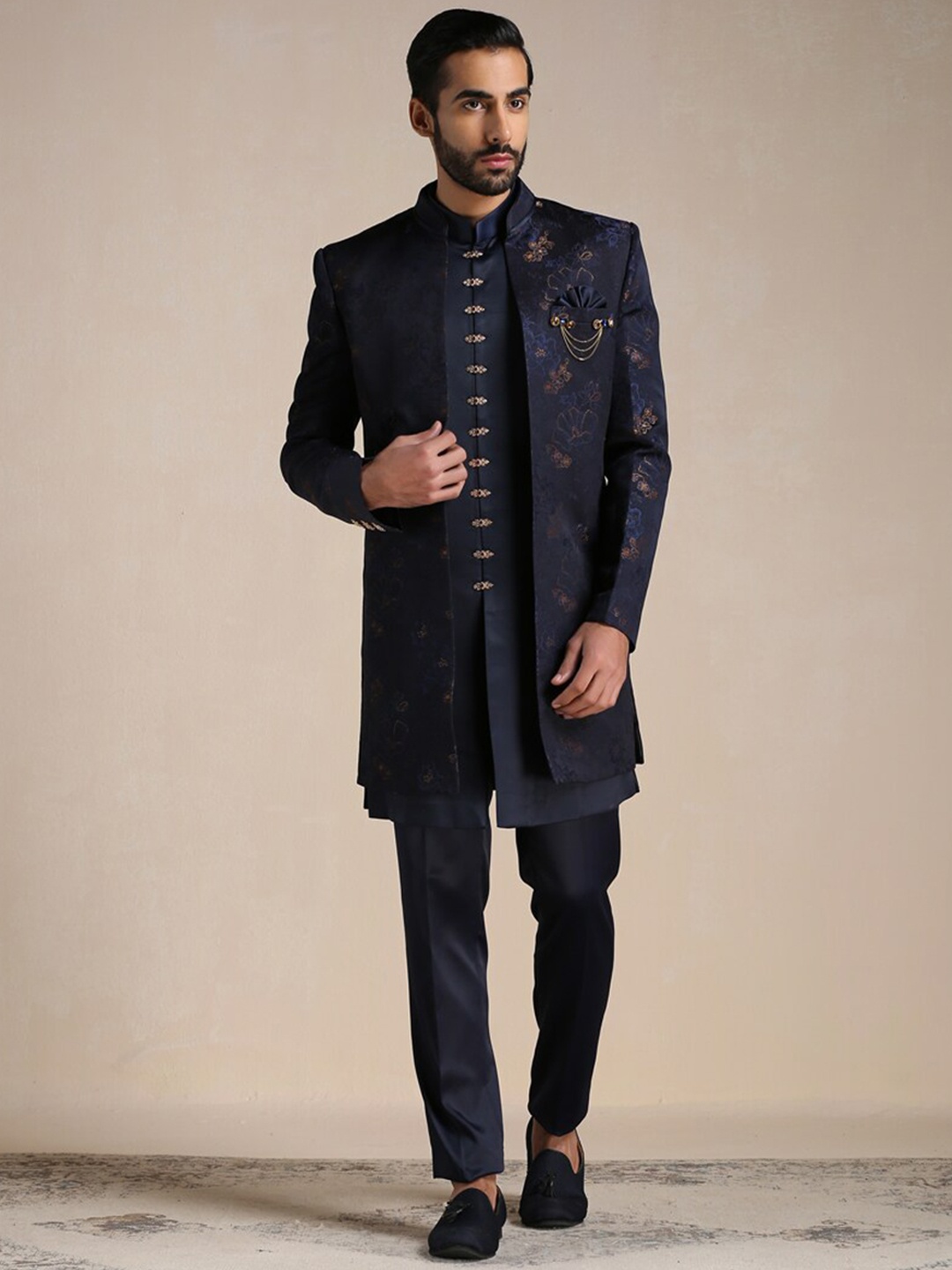 

Manyavar Men Brocade Printed Sherwani & Trousers Set, Blue