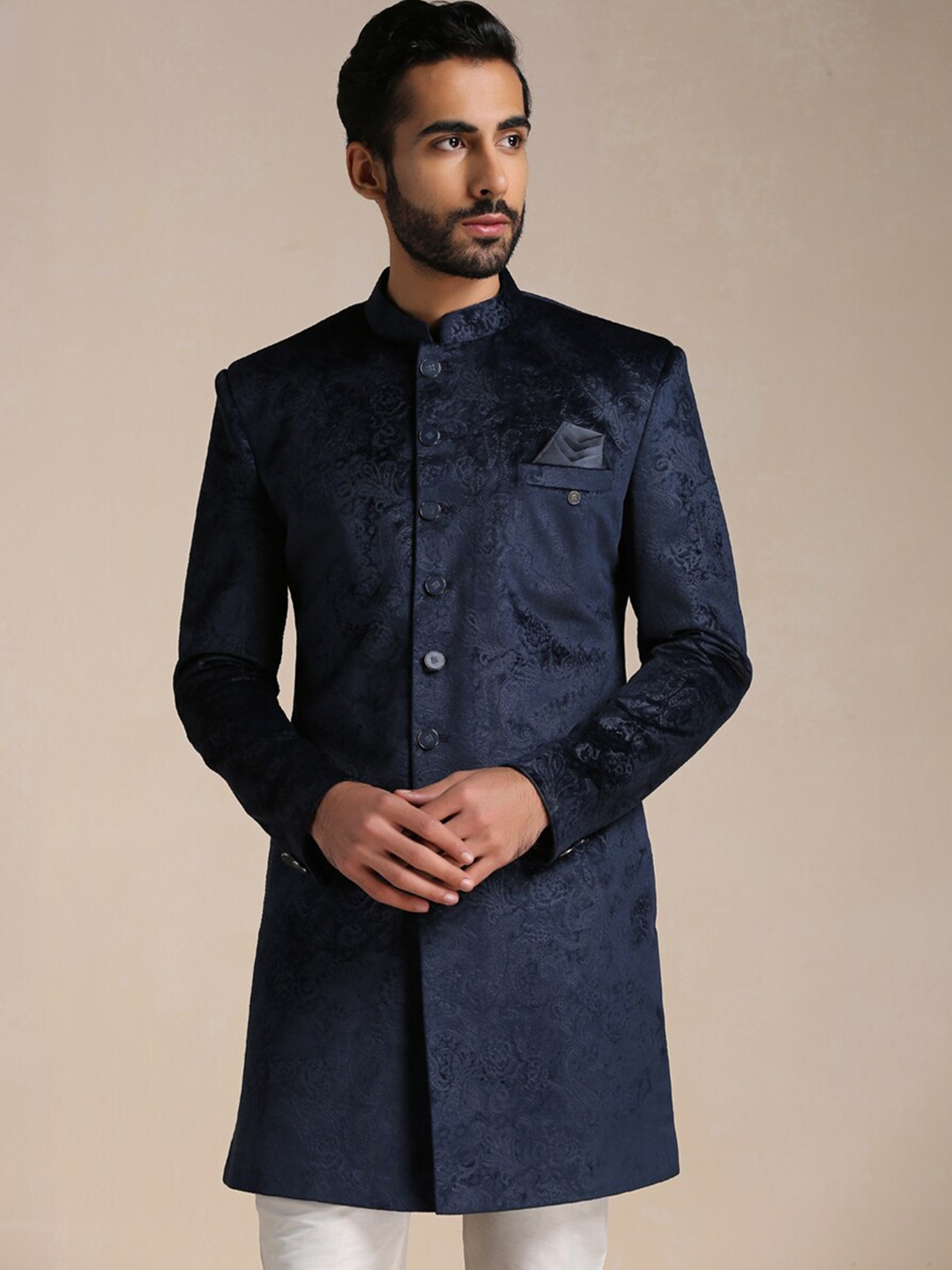 Manyavar Men Velvet Woven Design Sherwani Set, Navy blue