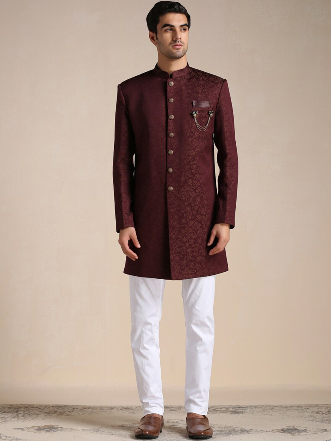 

Manyavar Men Brocade Printed Sherwani & Trousers Set, Maroon