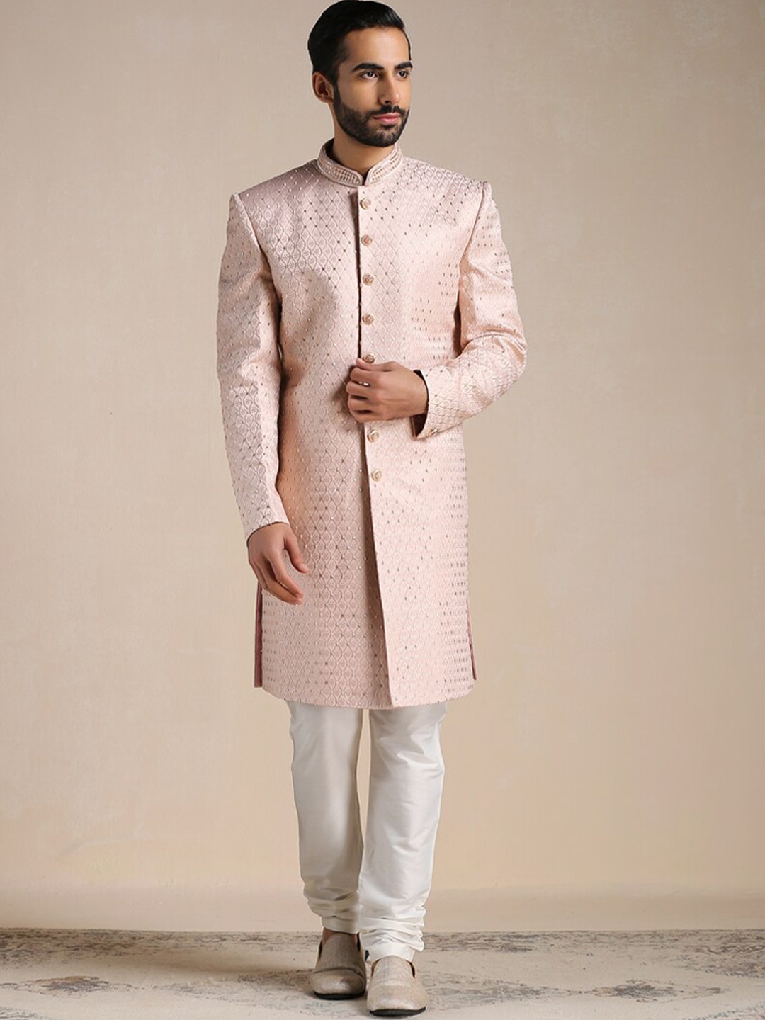 

Manyavar Men Art Silk All Over Self Design Sherwani & Churidar Set, Pink