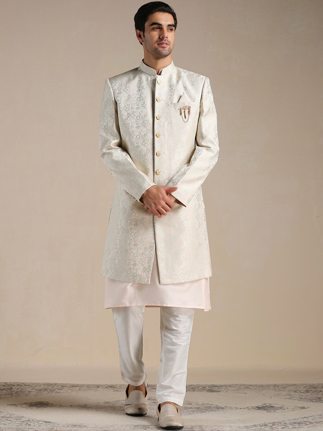 

Manyavar Men Woven Design Sherwani with Kurta & Trousers Set, Peach