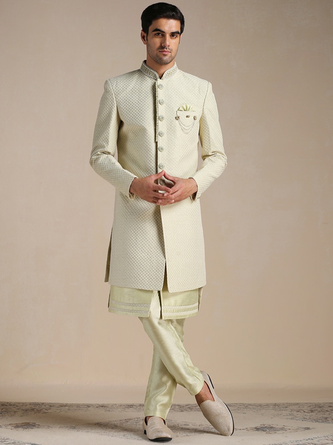

Manyavar Men Art Silk All Over Self Design Full Sleeve Sherwani & Trousers Set, Green