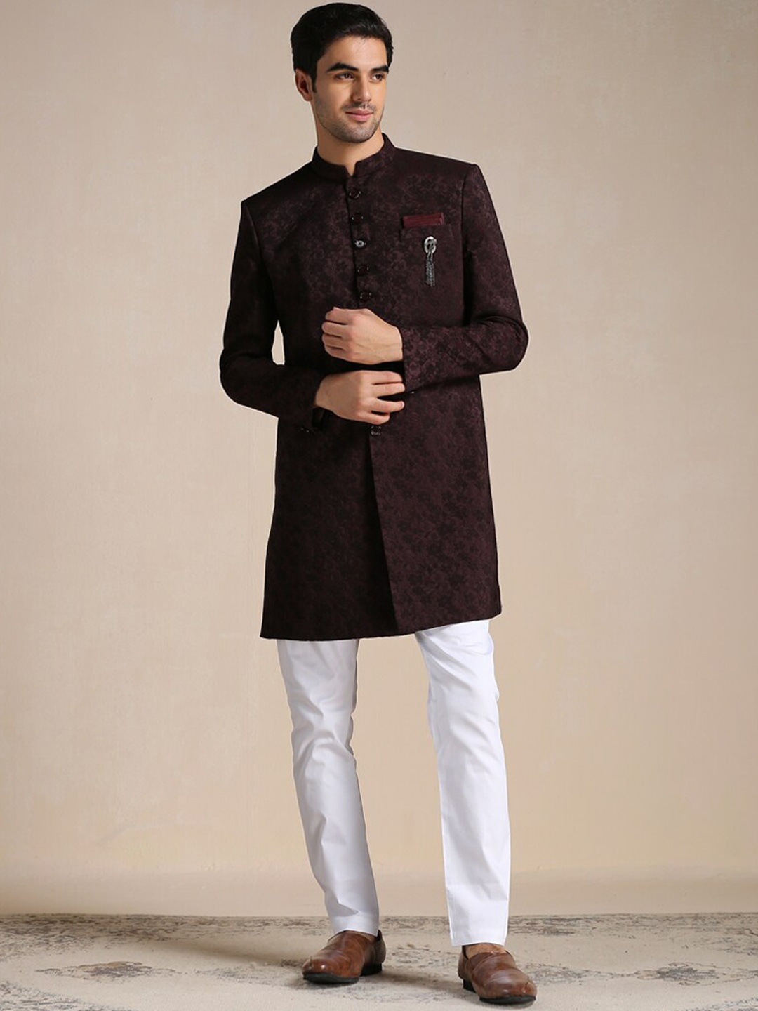 

Manyavar Blended Rayon Self Design Sherwani Set, Maroon