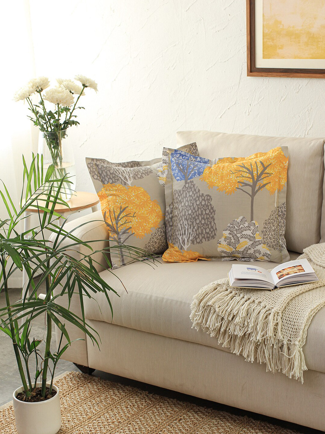 

House This Saptaparni Beige & Yellow Floral Printed Square Cushion Cover