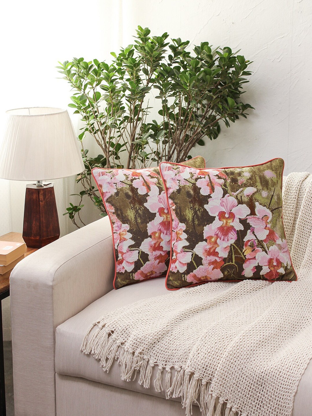 

House This Olive Green & Pink Floral Pure Cotton Square Cushion Cover