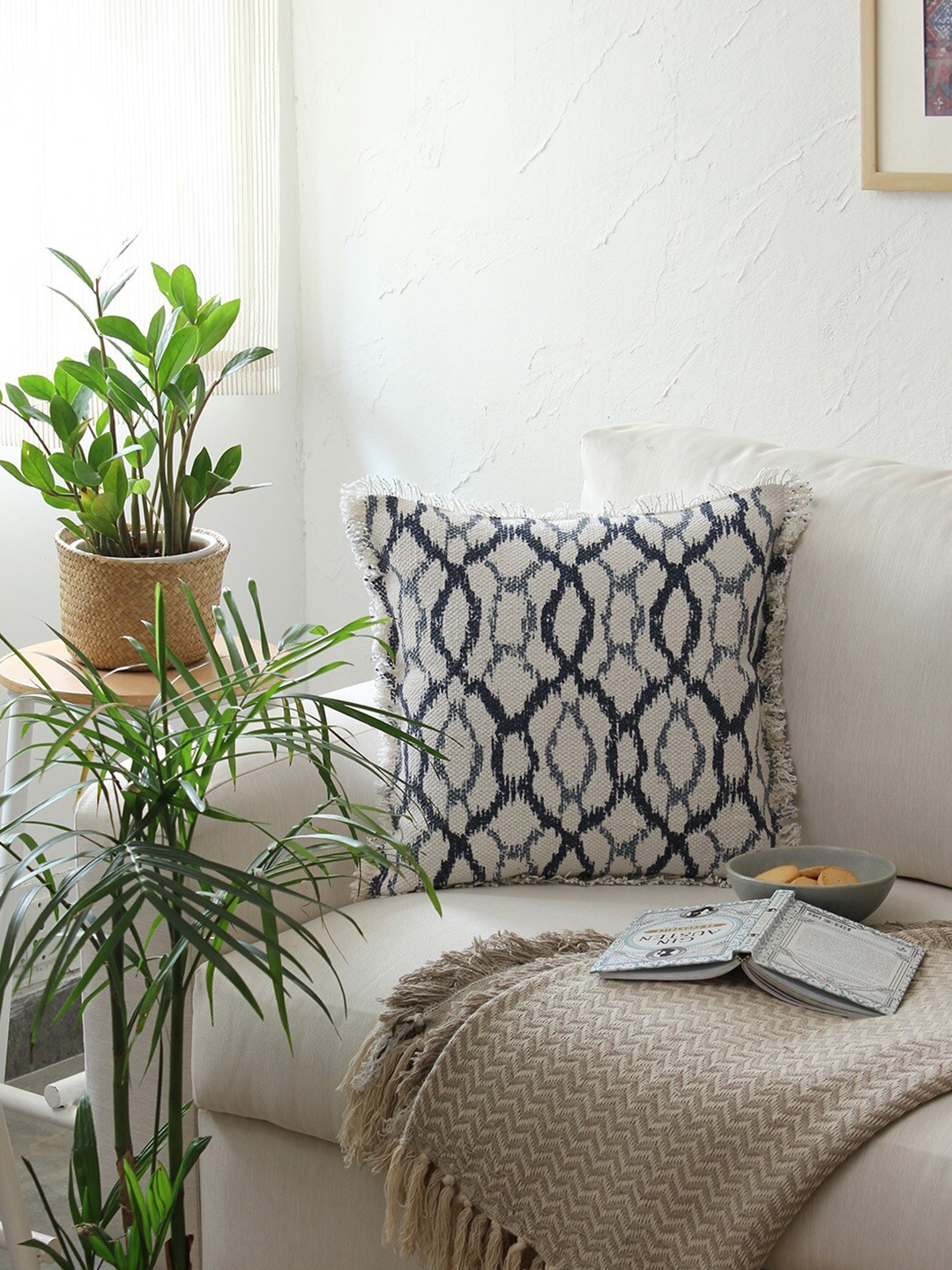 

House This Blue & White Geometric Pure Cotton Square Cushion Cover