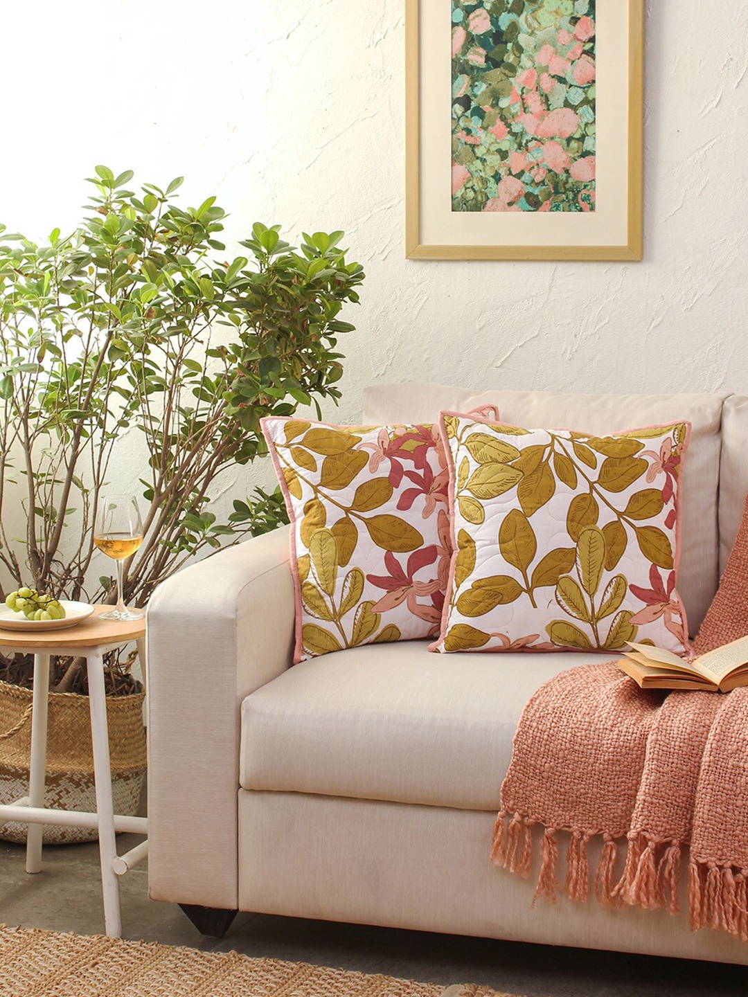 

House This Pink & Green Floral Square Cushion Cotton Covers