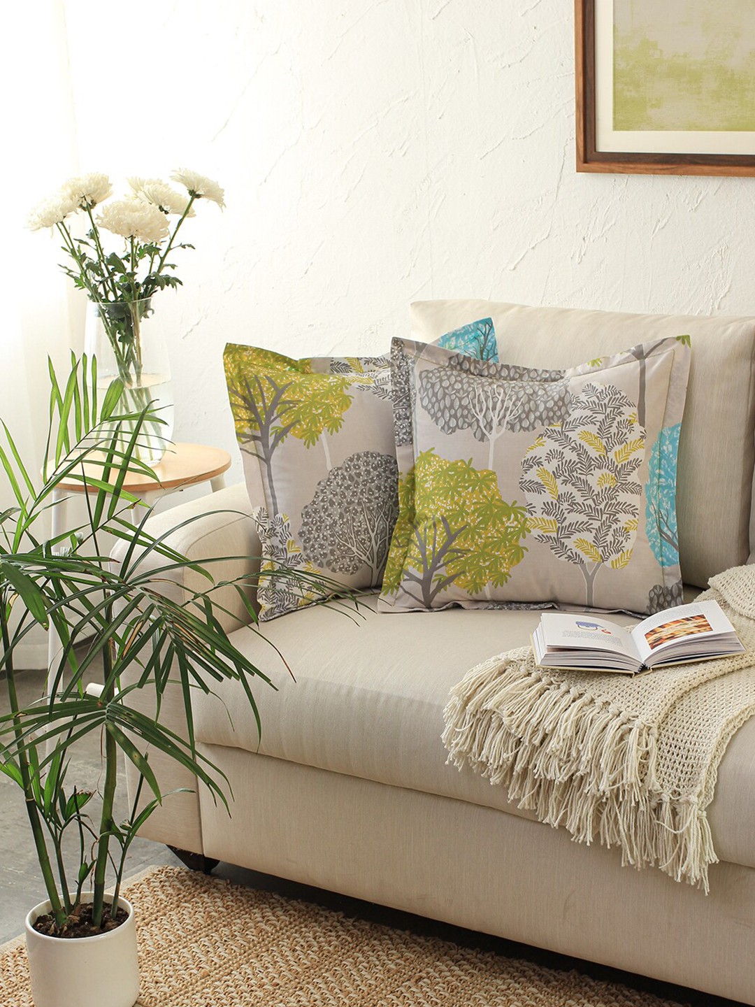 

House This Grey & Green Floral Square Cotton Cushion Covers