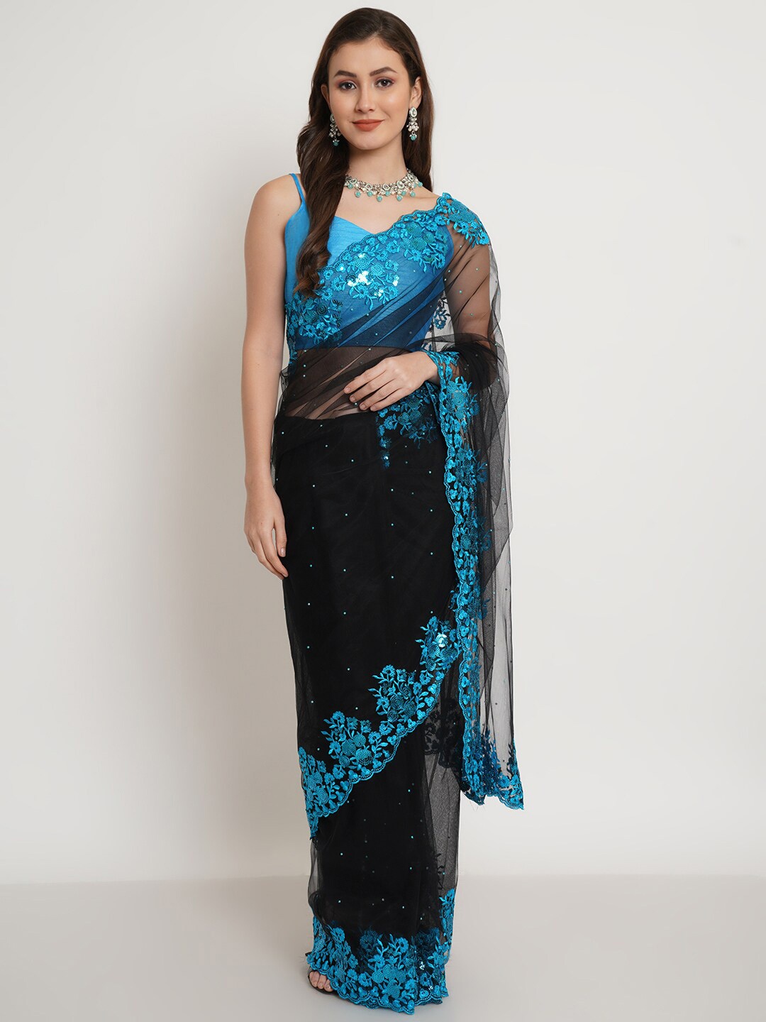 

Purple State Embellished Sequinned Net Saree, Black