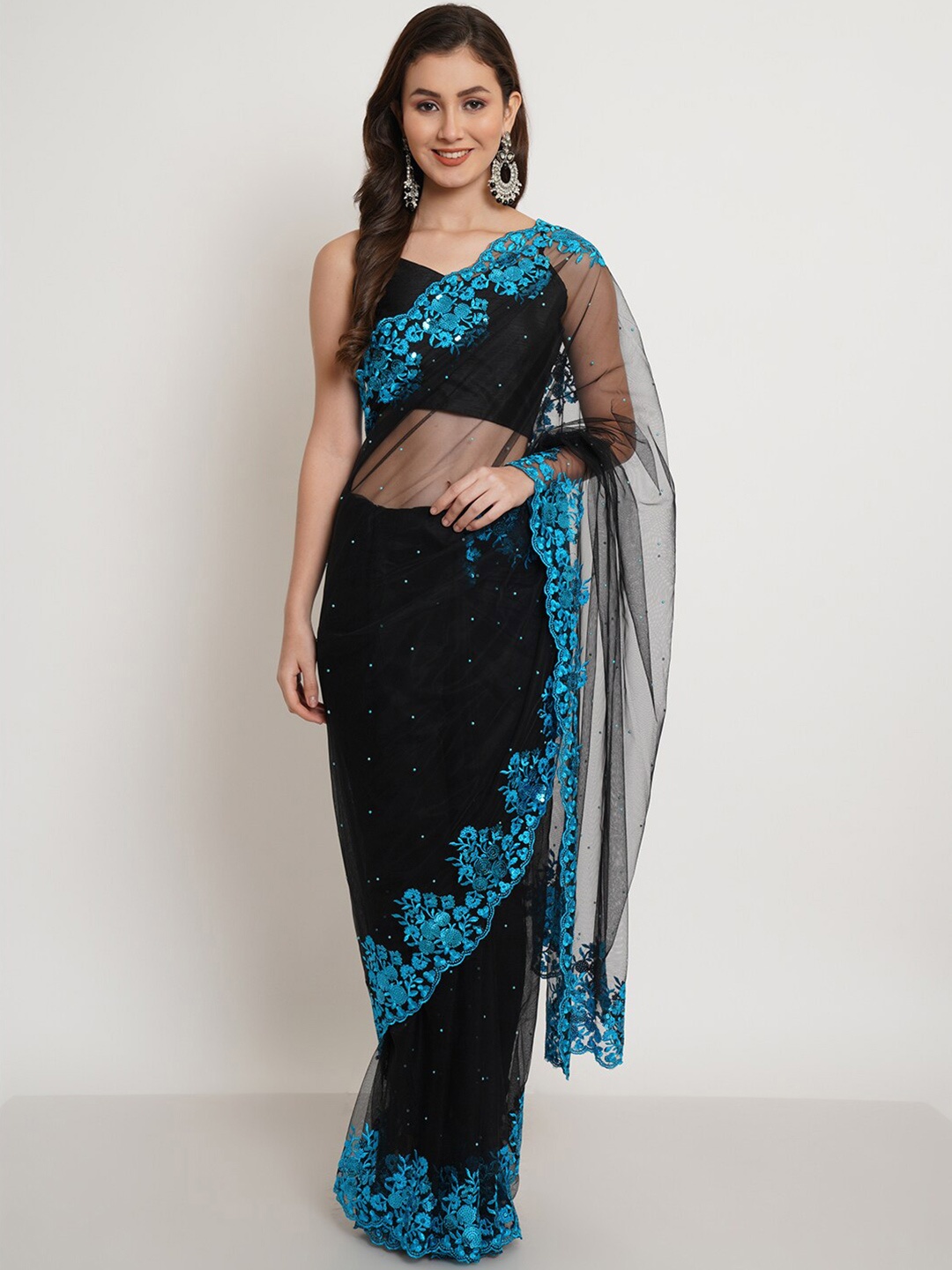 

Purple State Black & Blue Floral Embroidered Net Saree