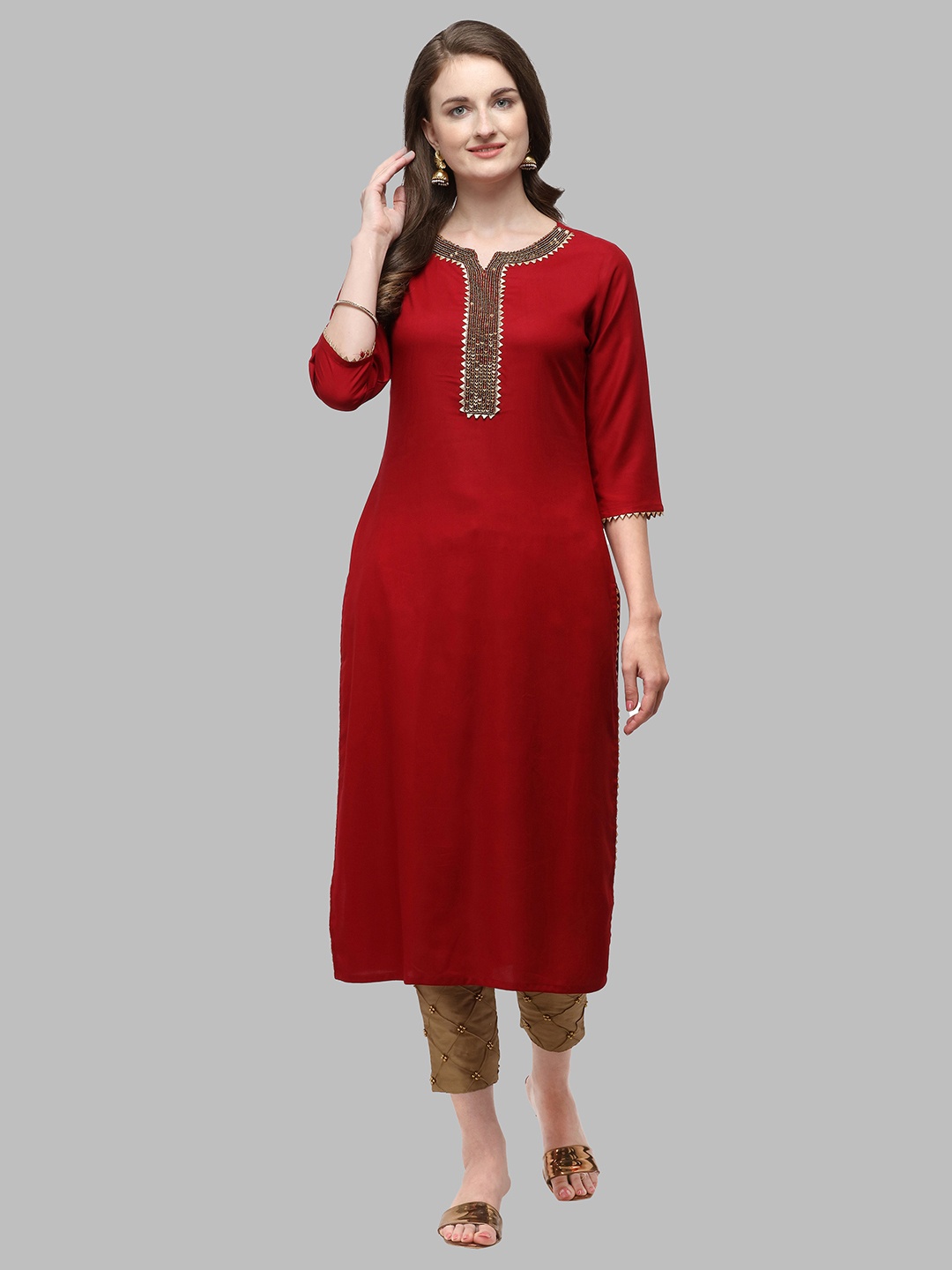 

Berrylicious Embroidered Round Neck Straight Kurta with Trousers, Maroon