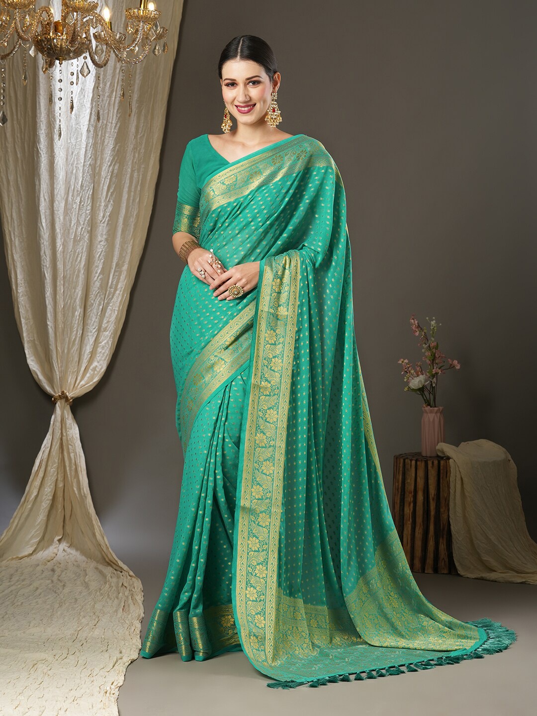 

Mitera Woven Design Zari Poly Georgette Kanjeevaram Saree, Teal