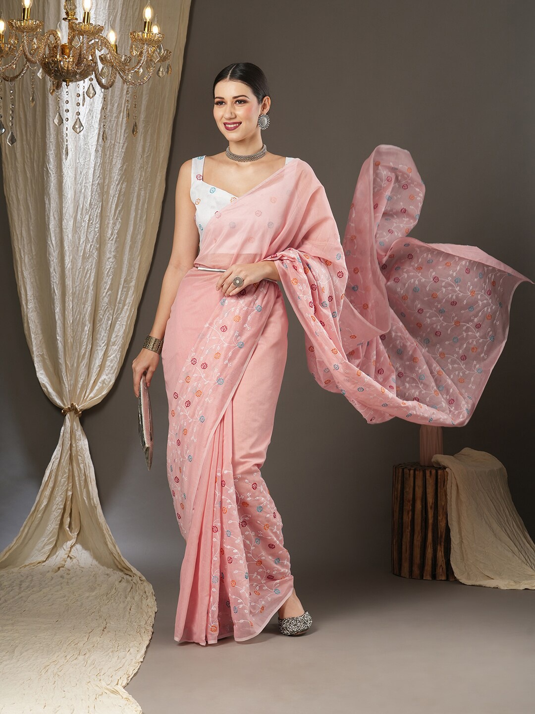 Mitera Floral Embroidered Jamdani Saree, Na
