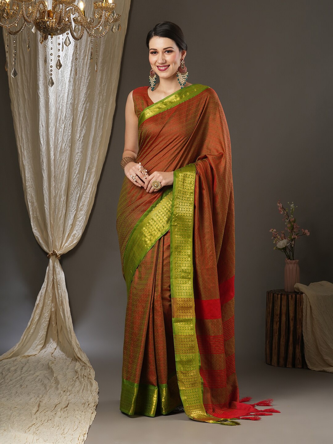 

Mitera Woven Design Zari Silk Blend Taant Saree, Rust