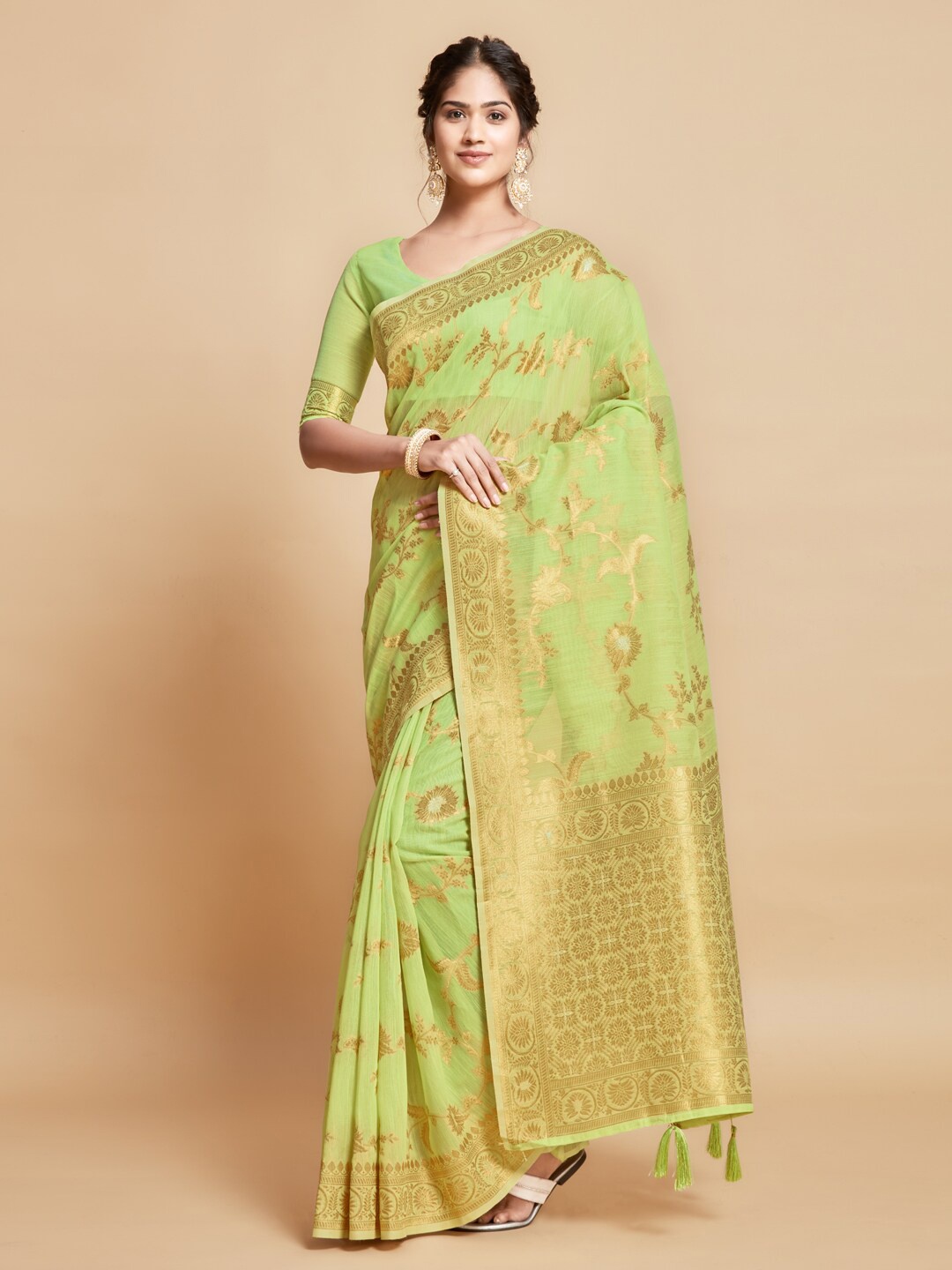 

GAJARAI Woven Design Zari Linen Blend Ready to Wear Kanjeevaram Saree, Green