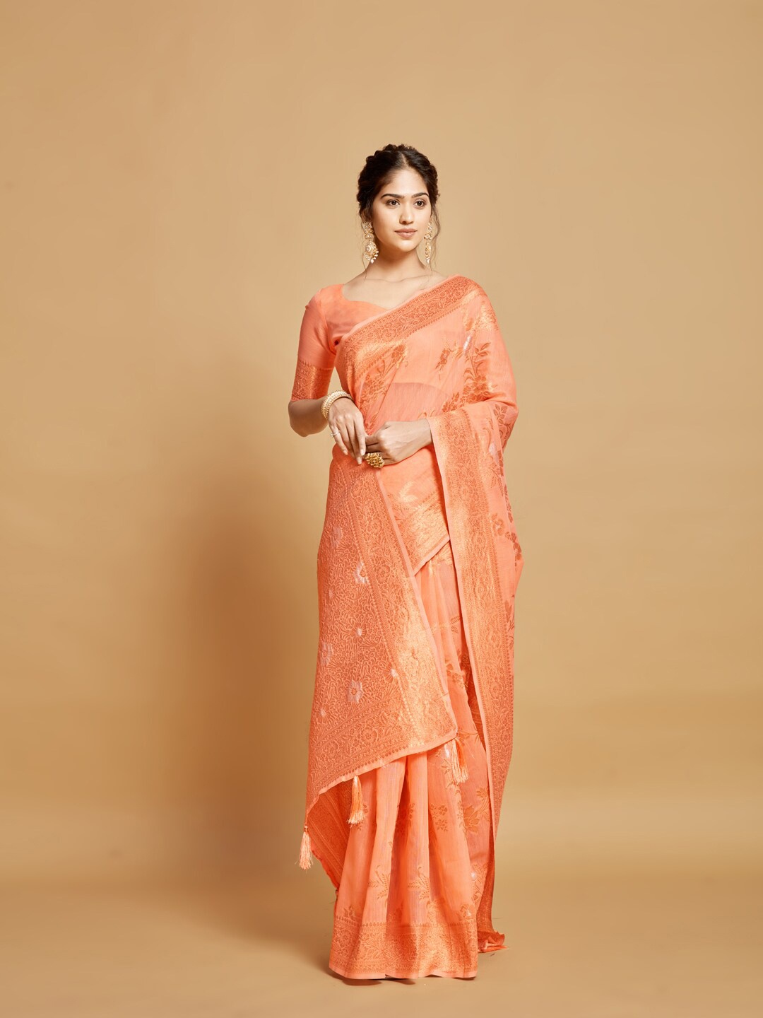 

GAJARAI Woven Design Zari Linen Blend Kanjeevaram Saree, Orange