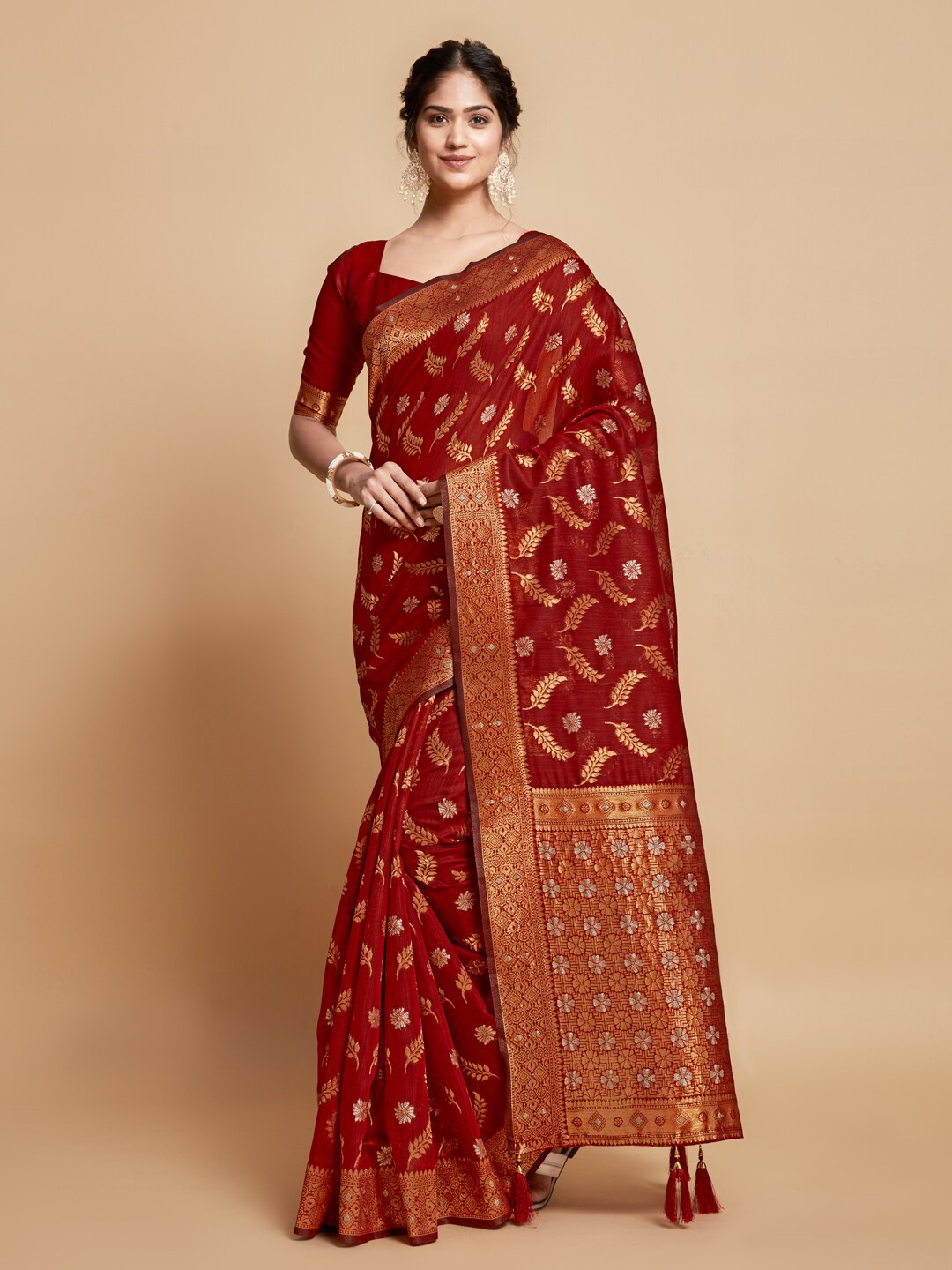 GAJARAI Woven Design Zari Linen Blend Kanjeevaram Saree, Red