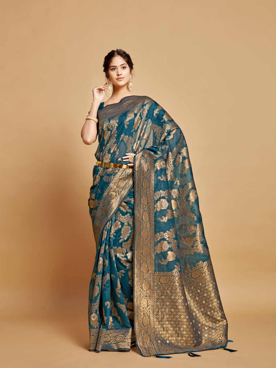 

GAJARAI Floral Zari Linen Blend Kanjeevaram Saree, Teal