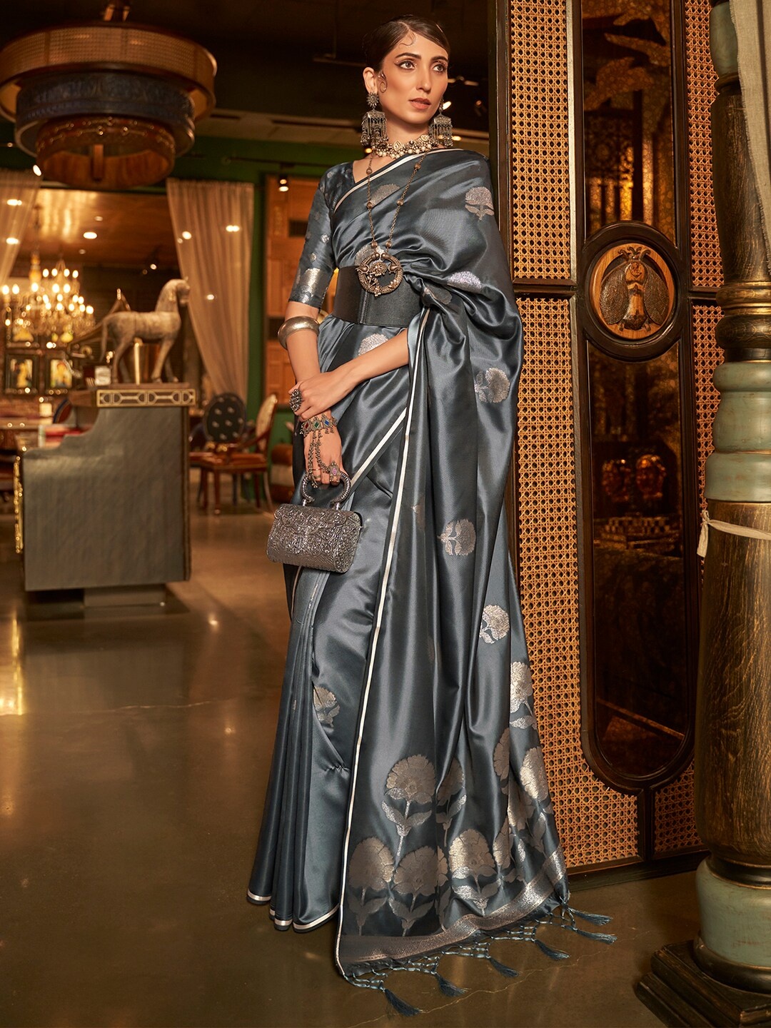 

Mitera Woven Design Zari Banarasi Saree, Grey