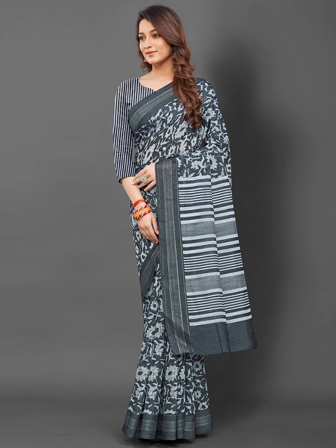 

Mitera Floral Block Print Saree, Grey