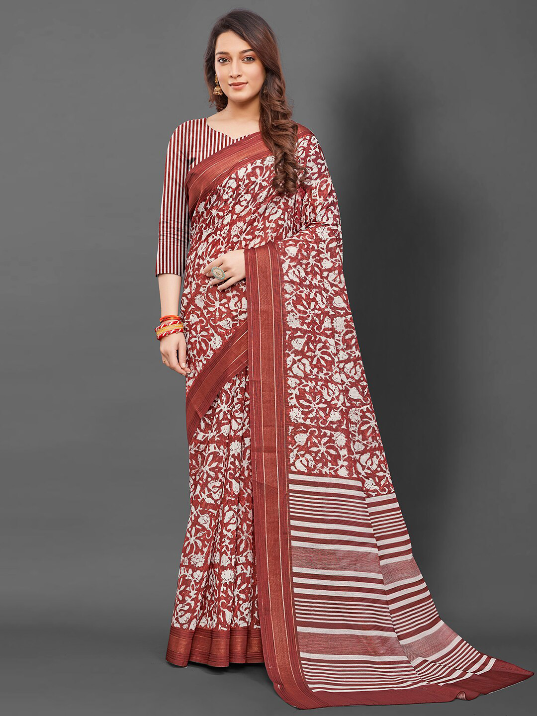 

Mitera Batik Silk Blend Block Print Saree, Brown