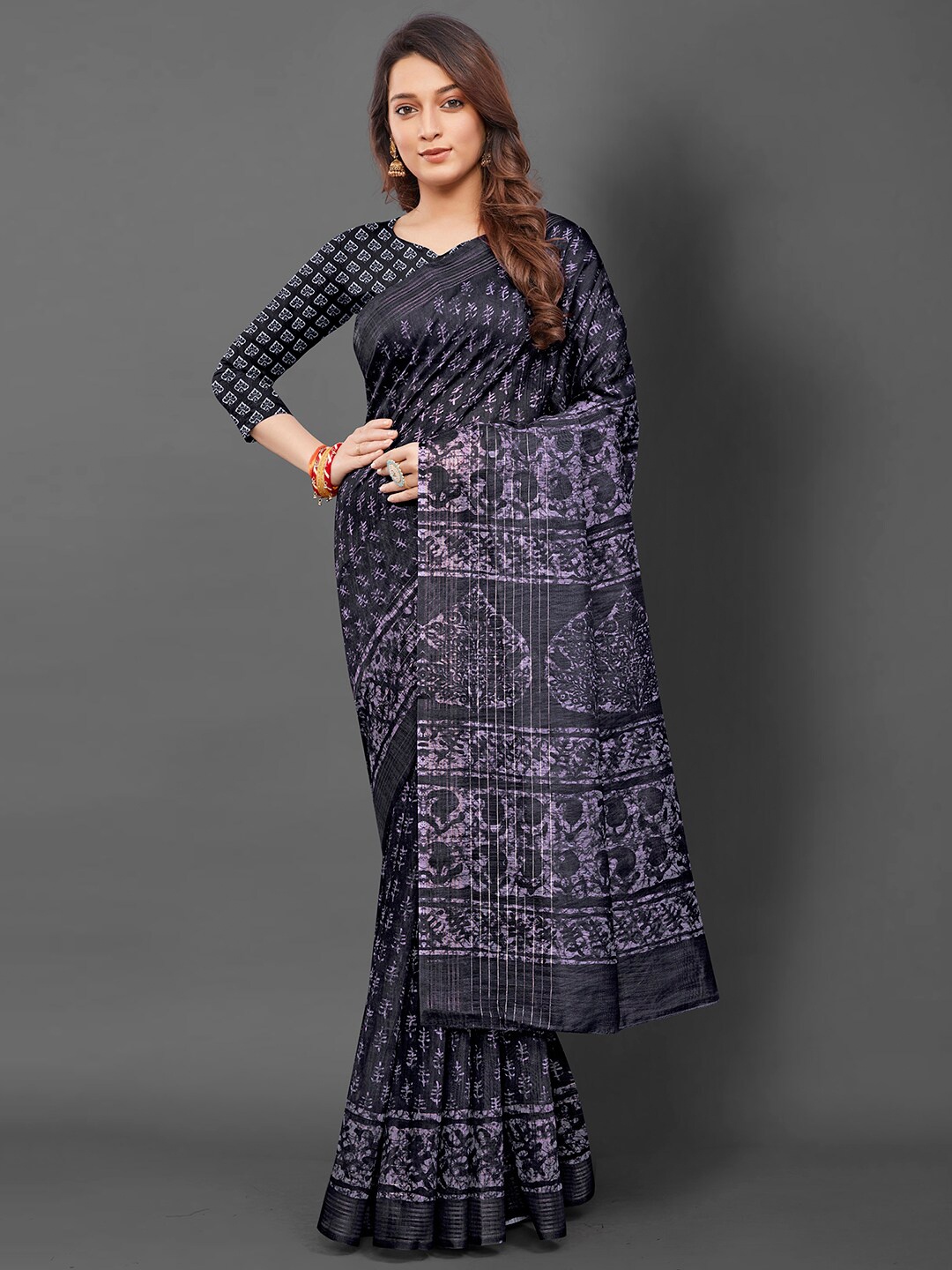 Mitera Floral Silk Blend Block Print Saree, Black