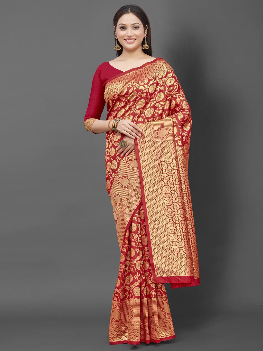 

Mitera Woven Design Zari Silk Blend Banarasi Saree, Red