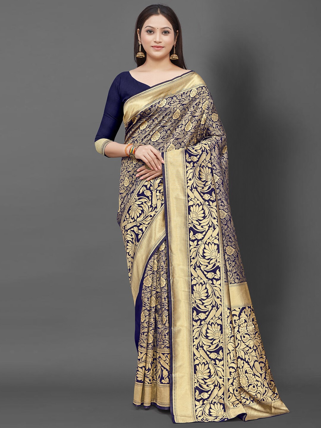 

Mitera Woven Design Zari Banarasi Silk Blend Saree, Navy blue
