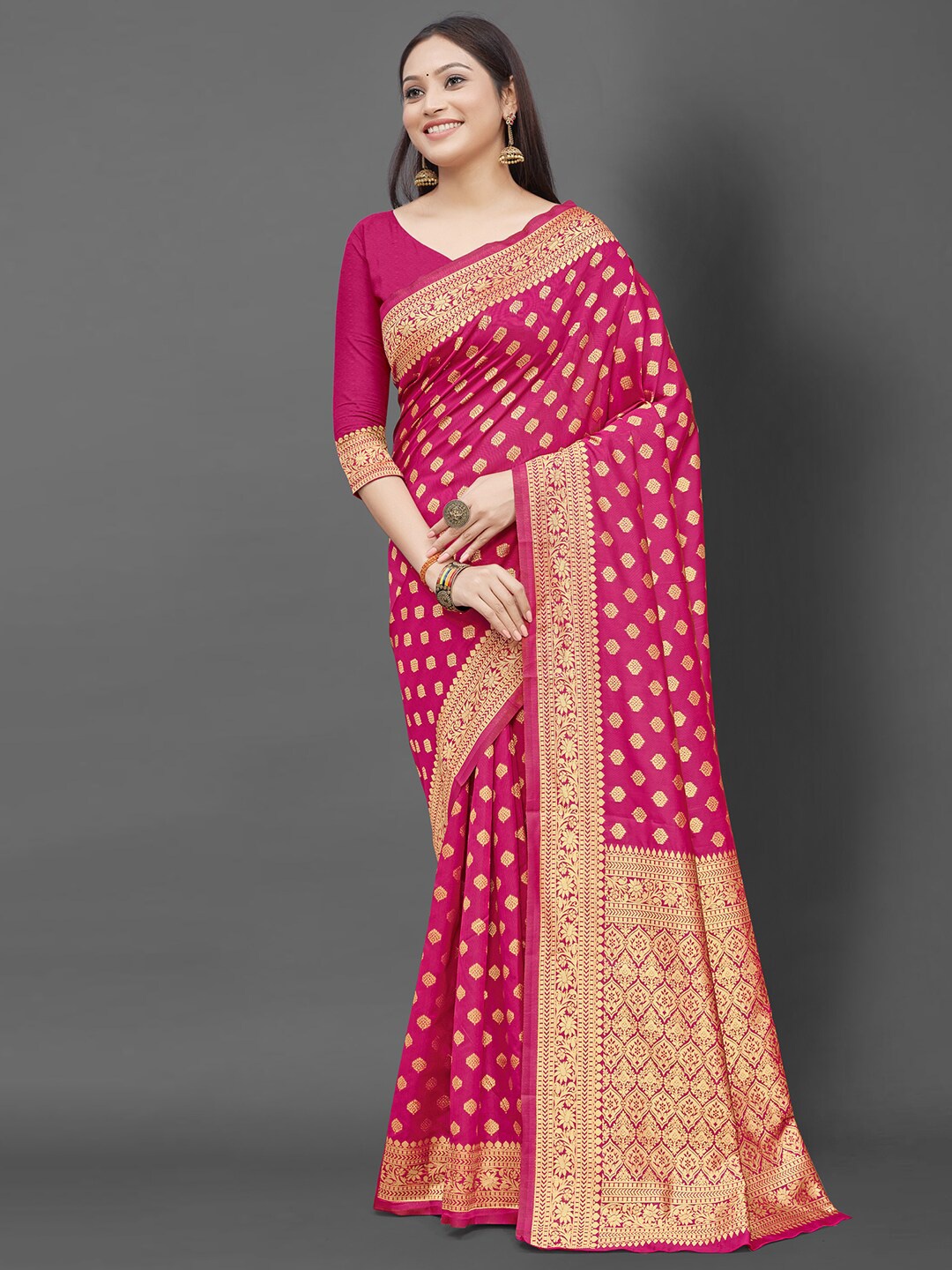 

Mitera Woven Design Zari Silk Blend Banarasi Saree, Pink