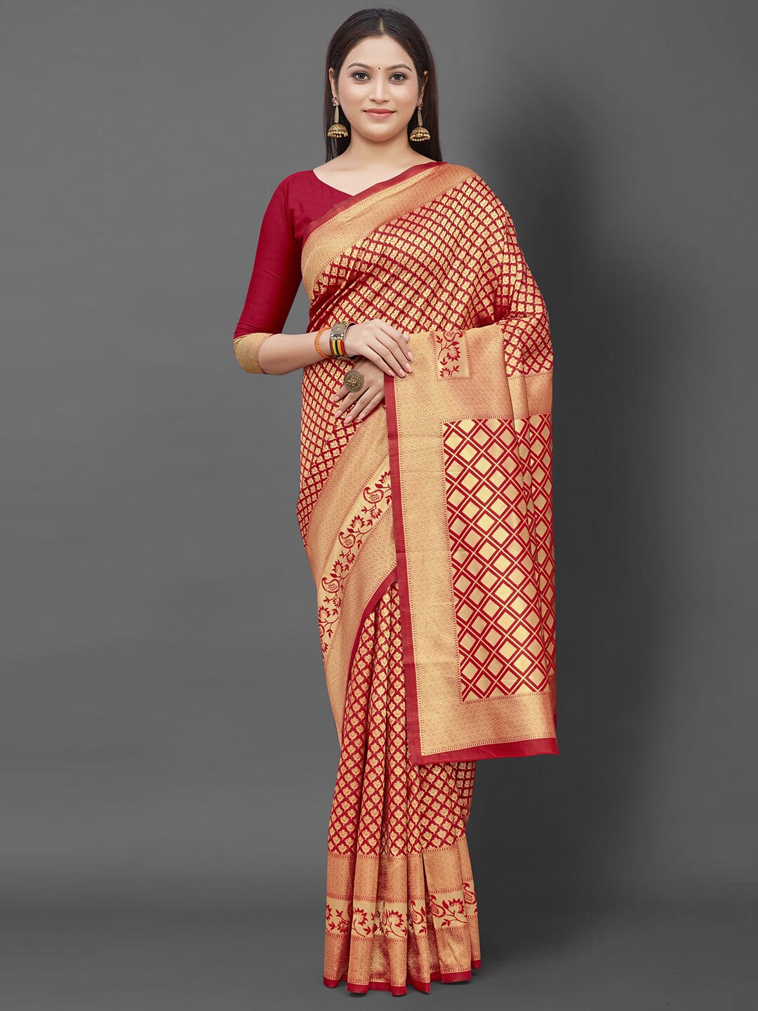 

Mitera Woven Design Zari Silk Blend Banarasi Saree, Red