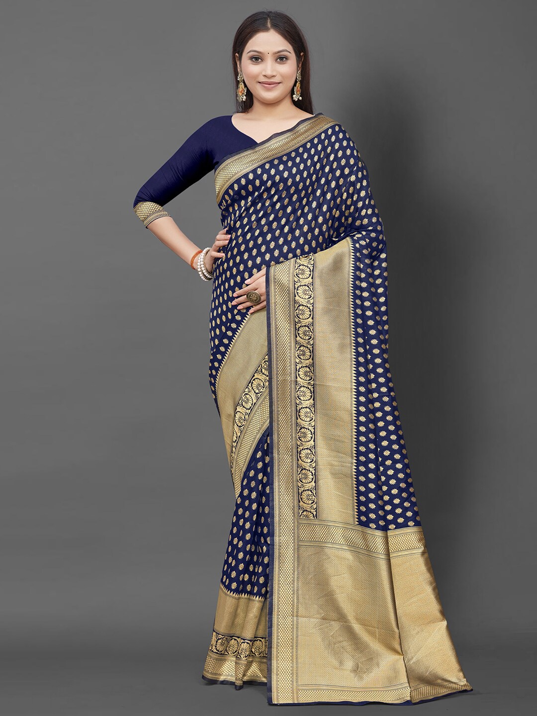 

Mitera Woven Design Zari Silk Blend Banarasi Saree, Navy blue