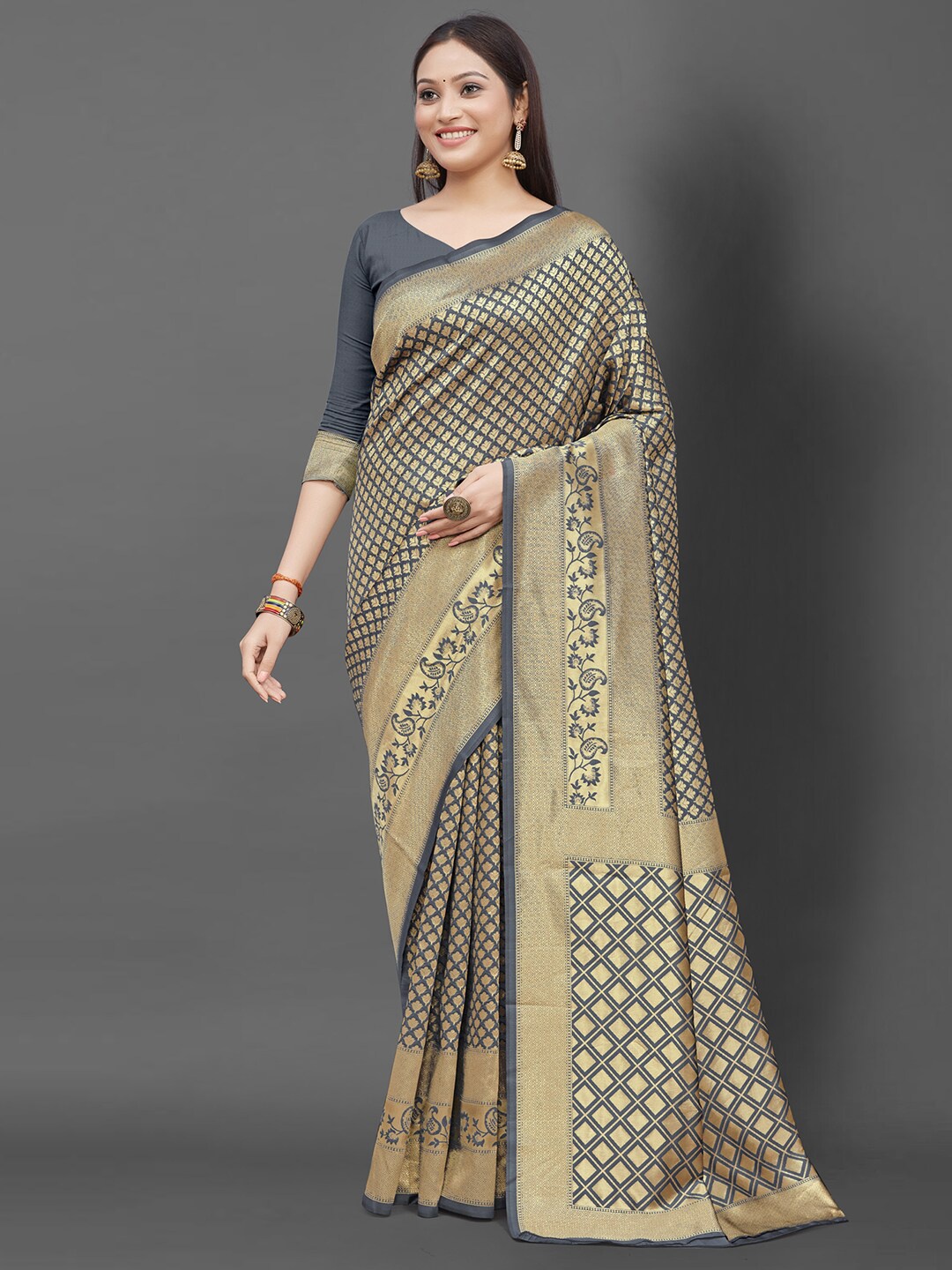 

Mitera Woven Design Zari Silk Blend Banarasi Saree, Grey