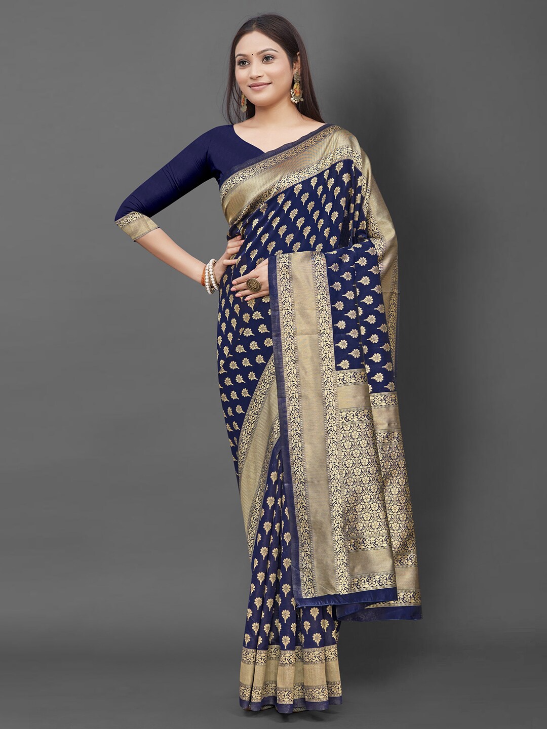 

Mitera Woven Design Zari Silk Blend Banarasi Saree, Navy blue