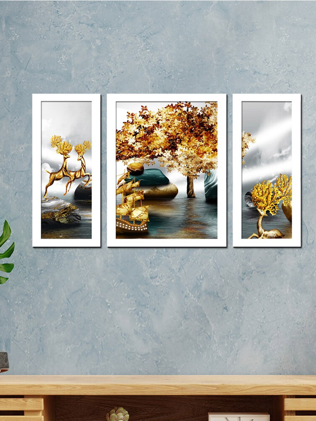 

WENS Set Of 3 White & Brown Fortune Deer In Nature Wall Art Painting