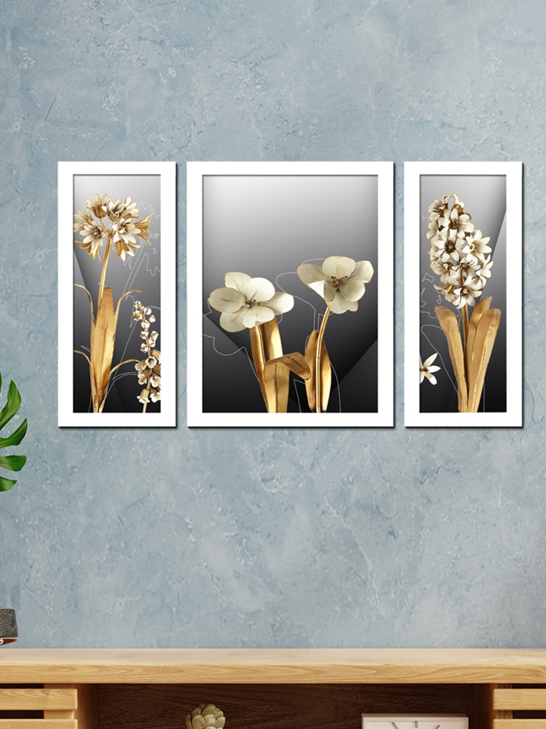 

WENS Set Of 3 White Printed Golden Flowers Painting Wall Art