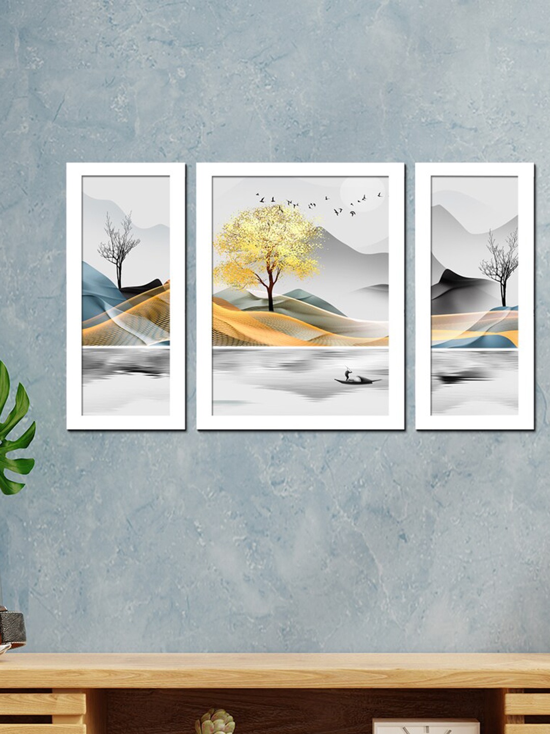 

WENS Set Of 3 White Printed Admiring Nature Painting Wall Art