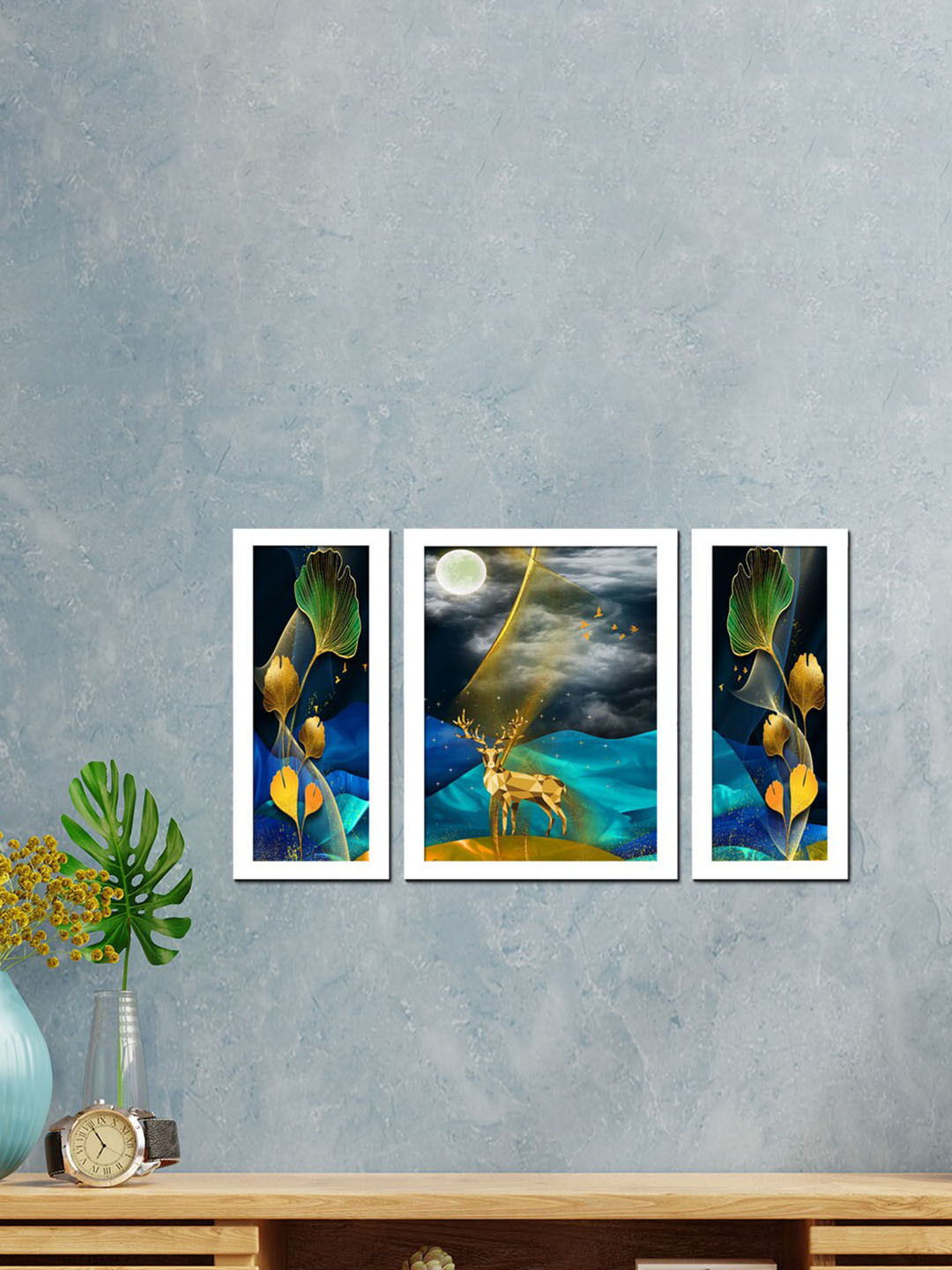 

WENS Set Of 3 Blue & Green Printed Vastu Deer Painting Wall Art