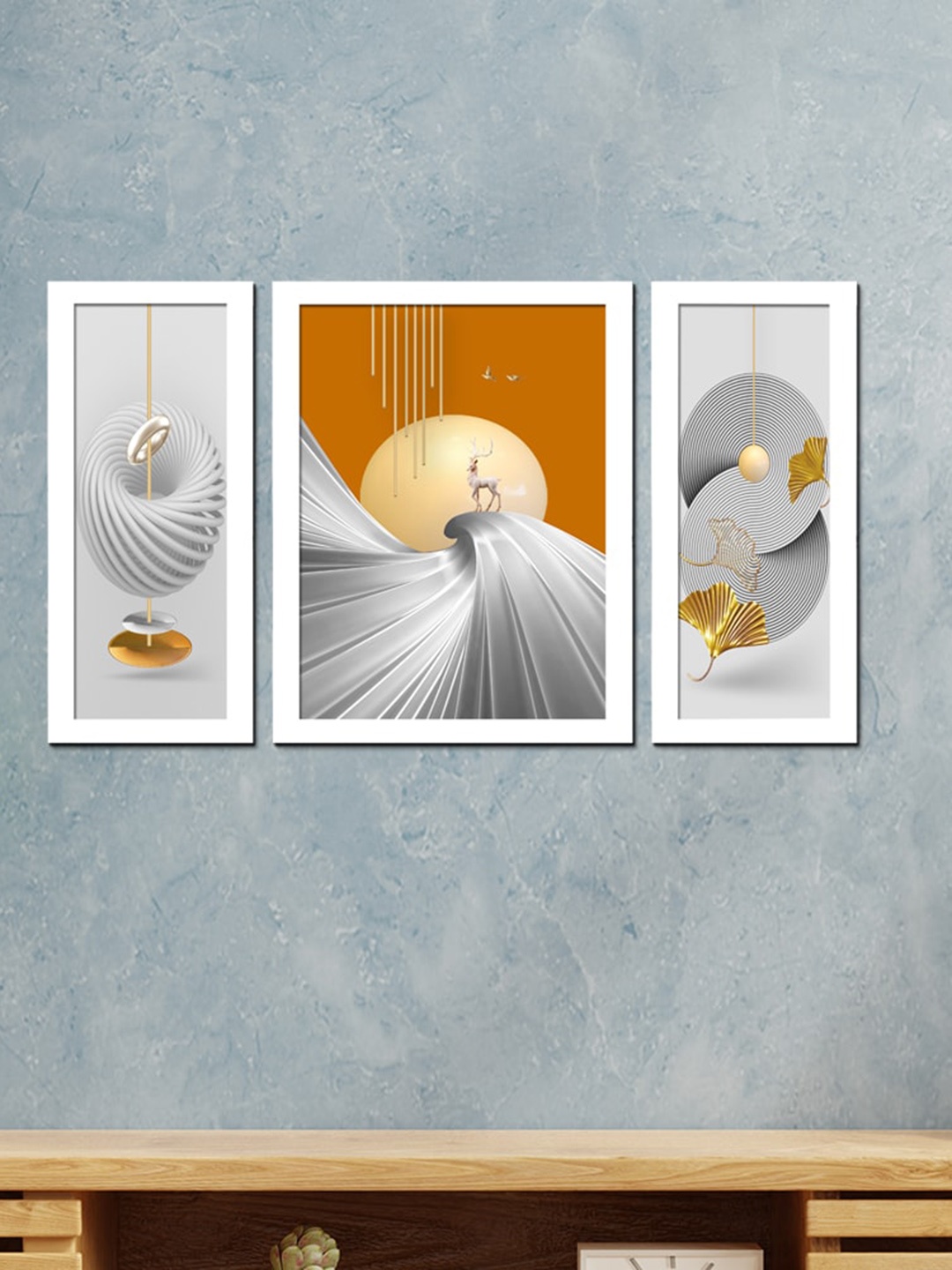 

WENS Set of 3 White & Brown Modern Deer Abstract Wall Art Paintings