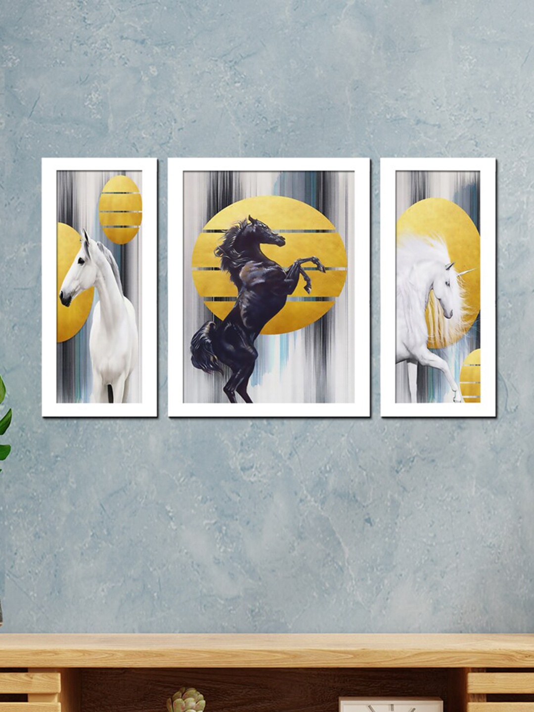 

WENS Set Of 3 White & Yellow Vastu Good Luck Horses Wall Art Painting