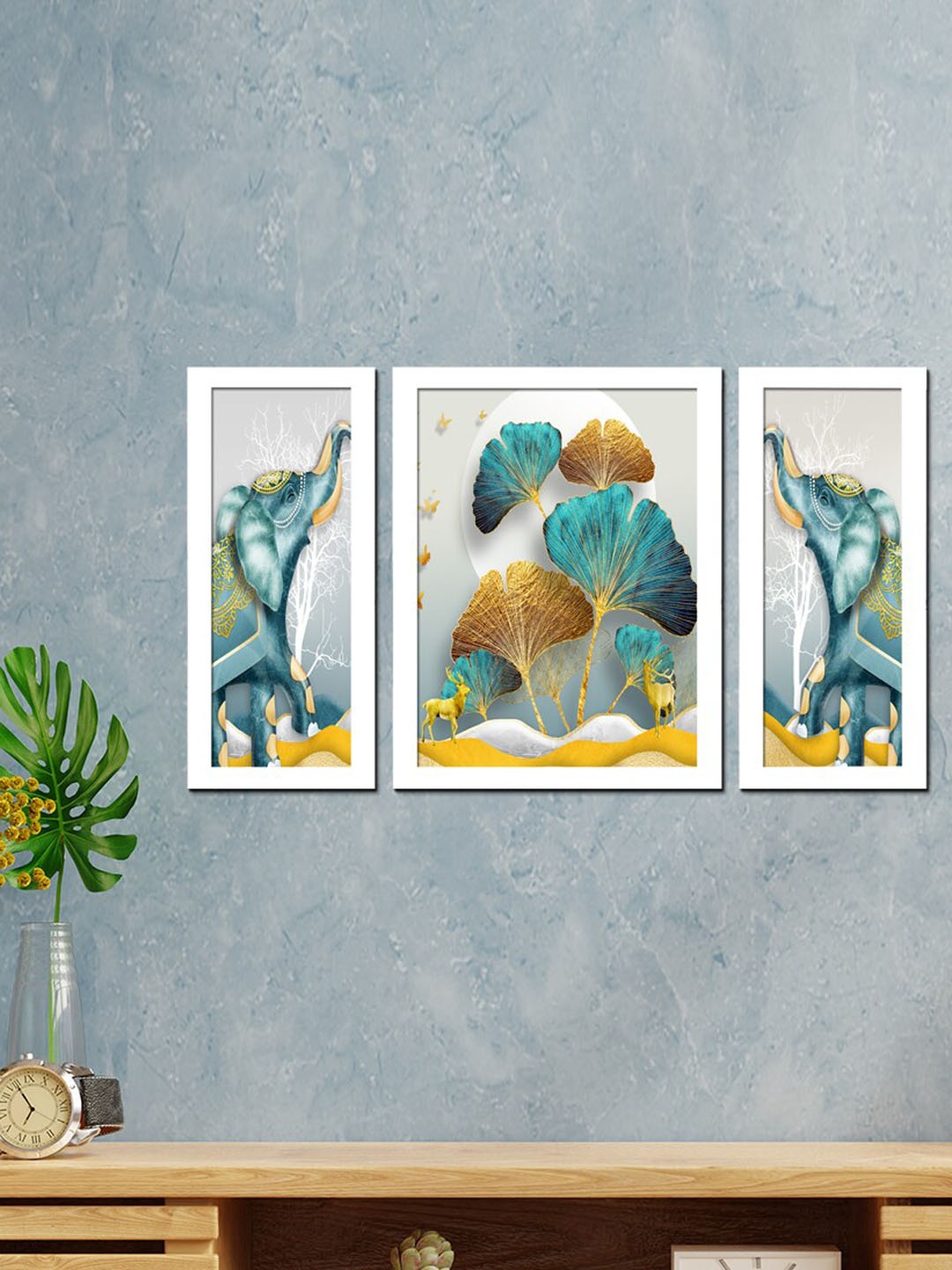 

WENS Set Of 3 White & Blue Printed Framed Wall Art