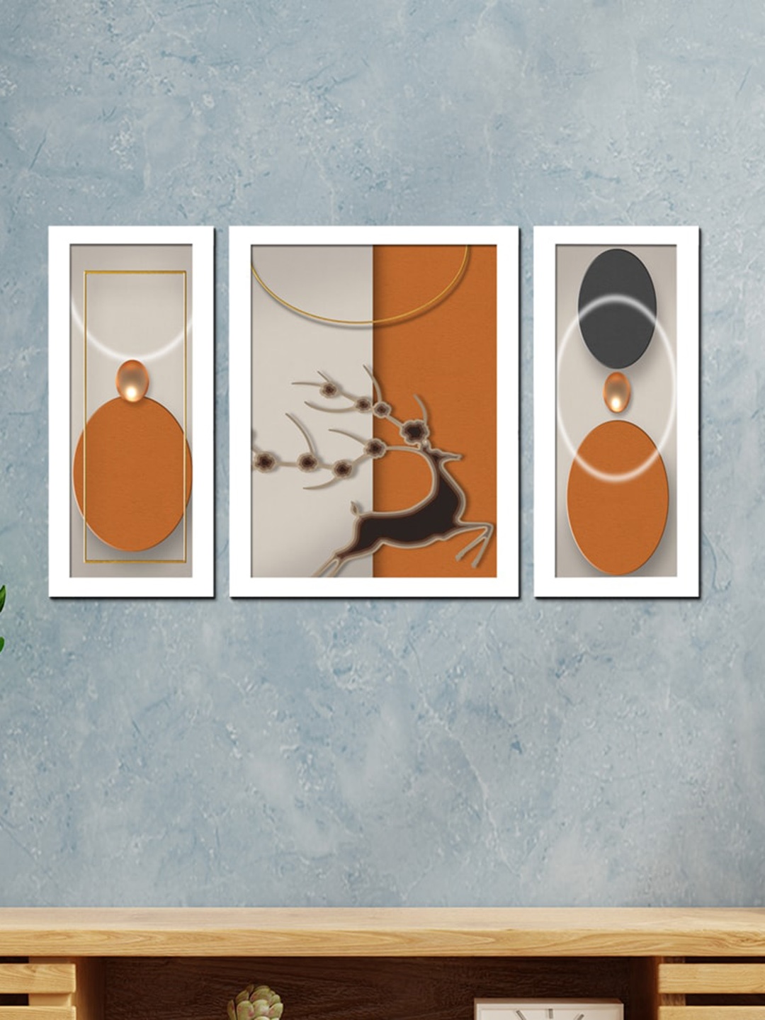 

WENS Set Of 3 White & Brown Fortune Deer Abstract Painting Wall Art