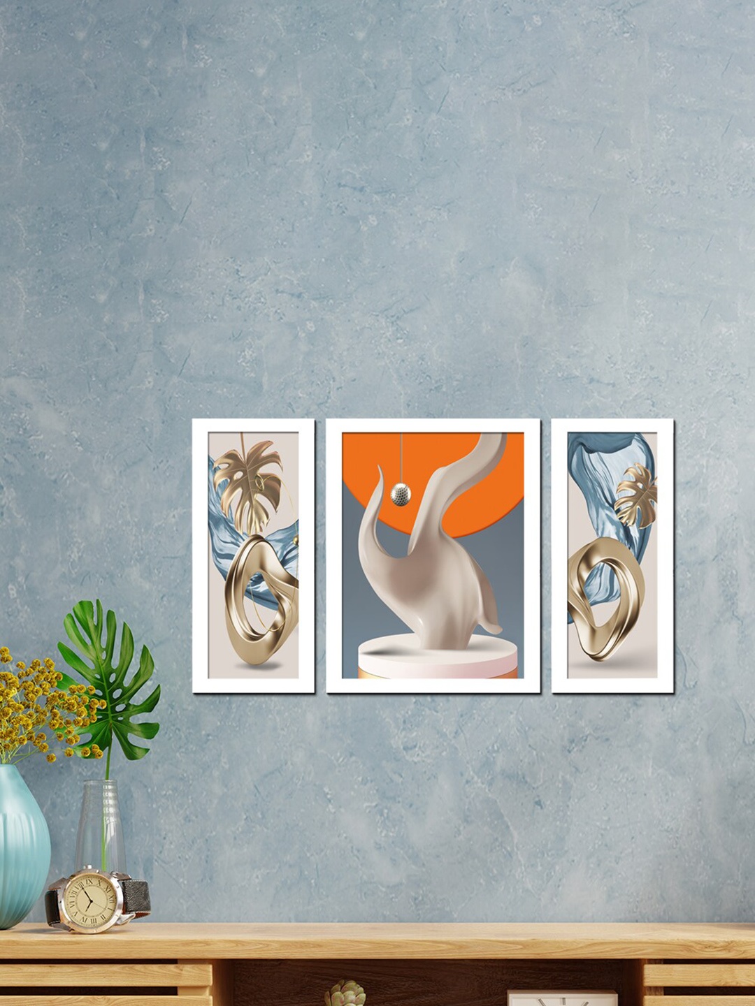 

WENS Set Of 3 White & Blue Beautiful Abstract Nordiac Painting Wall Art
