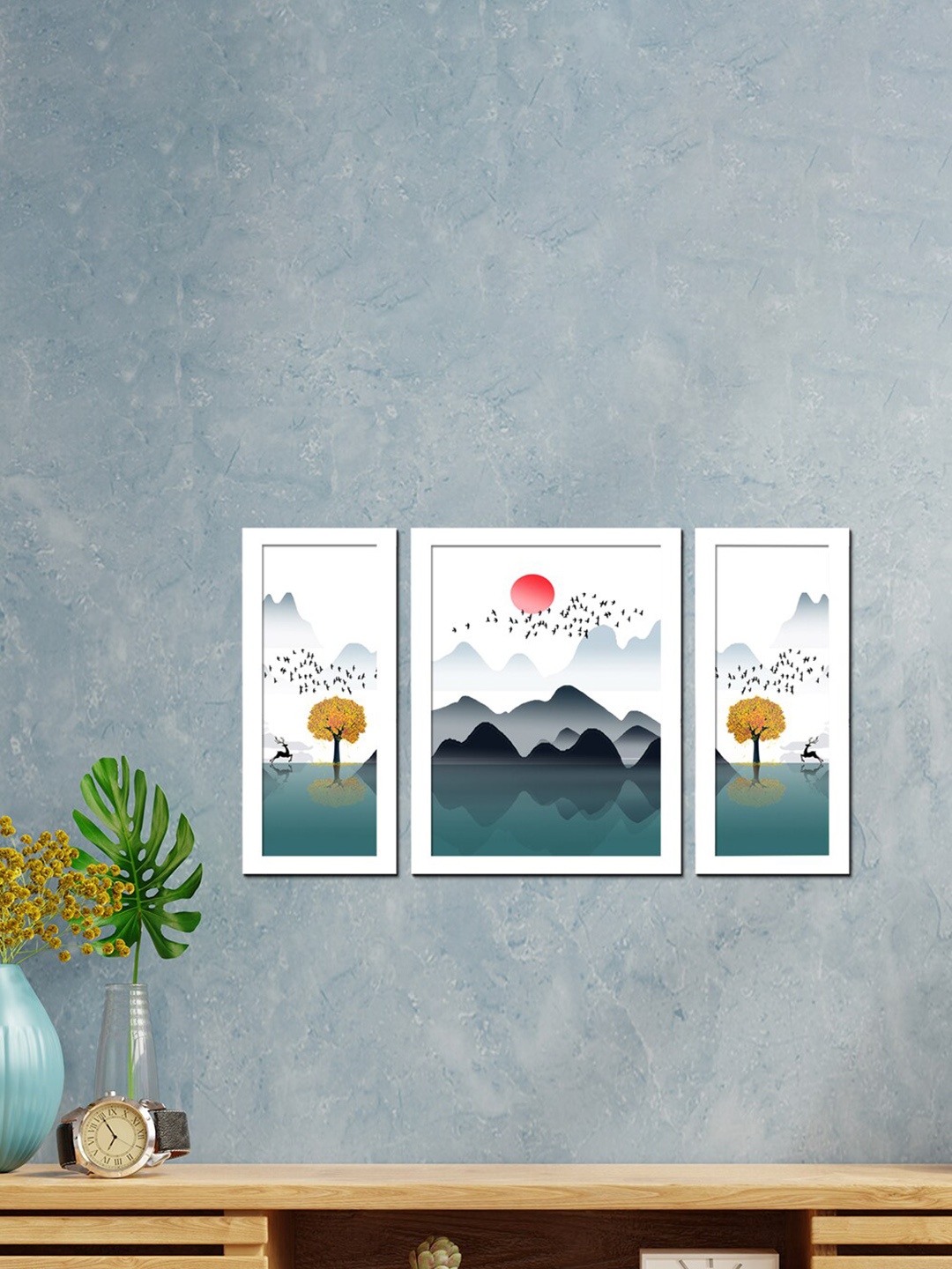 

WENS Set Of 3 White & Blue Printed Framed Wall Art