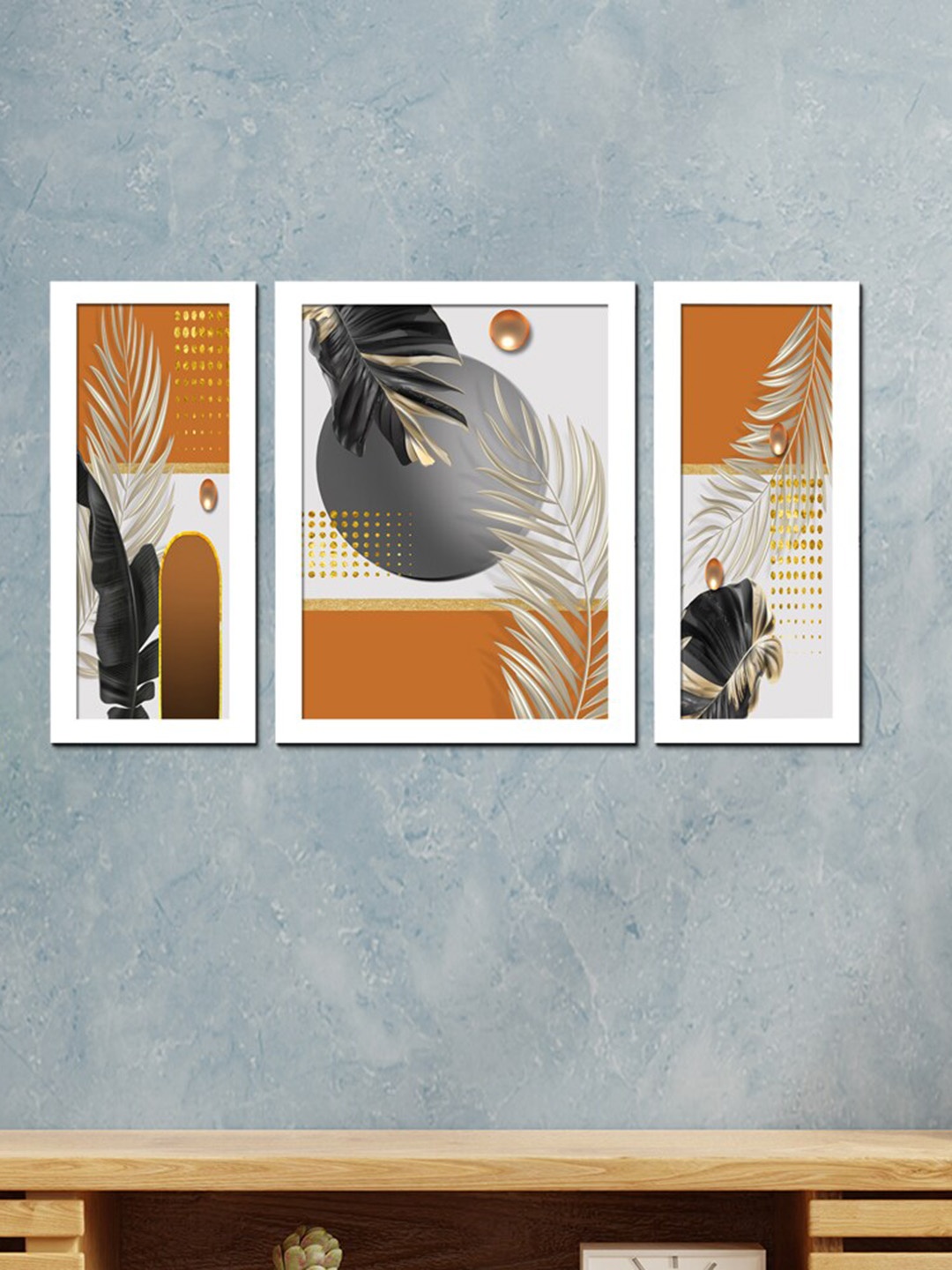 

WENS Set Of 3 White Printed Nordic Golden Leaves Painting Wall Art