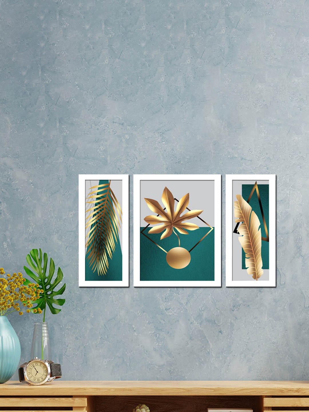 

WENS Set Of 3 White & Green Printed Framed Wall Art