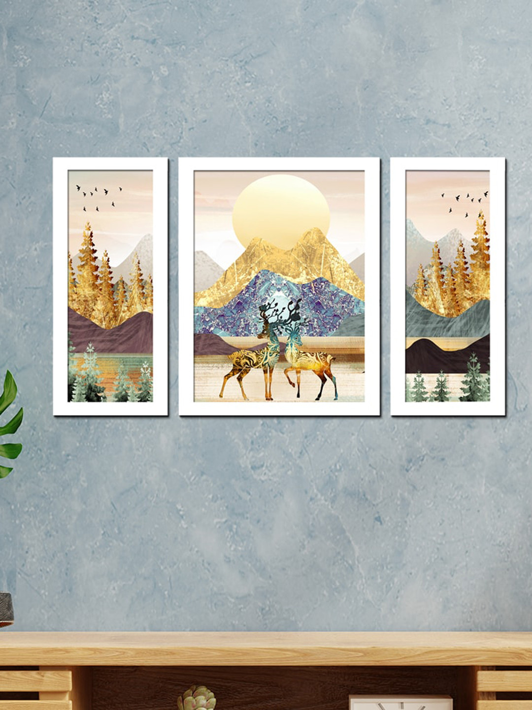 

WENS Set Of 3 White Printed Reindeer In Moonlight Painting Wall Art