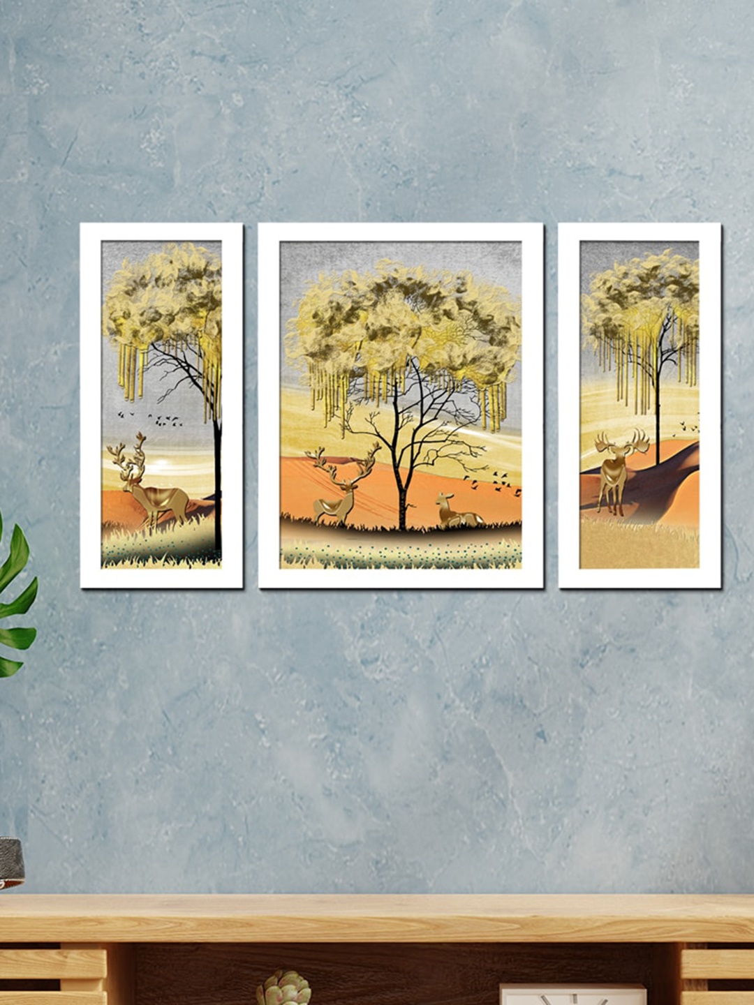 

WENS Set Of 3 White & Yellow Modern Nature Wall Art Painting