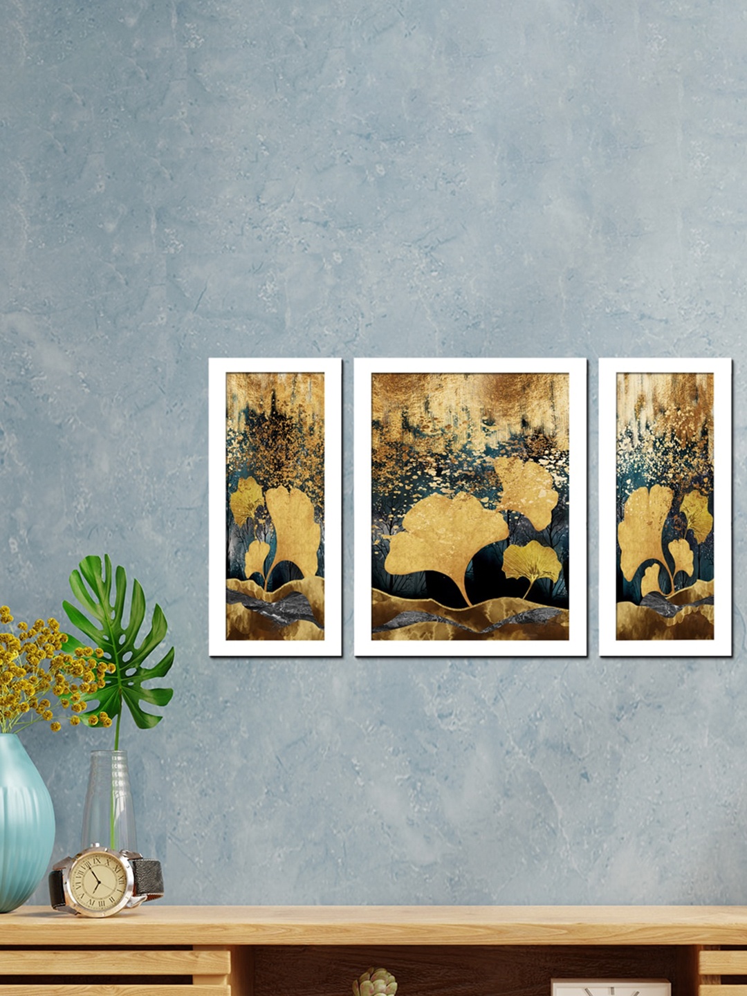 

WENS Set Of 3 White & Mustard Yellow Modern Floral Painting Wall Art