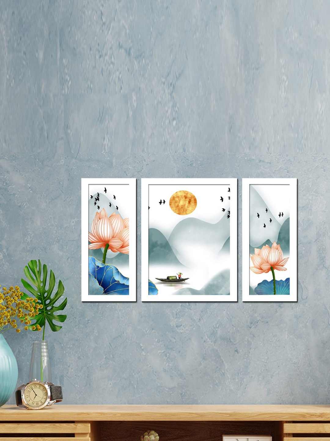 

WENS Set Of 3 White & Blue Printed Framed Wall Art