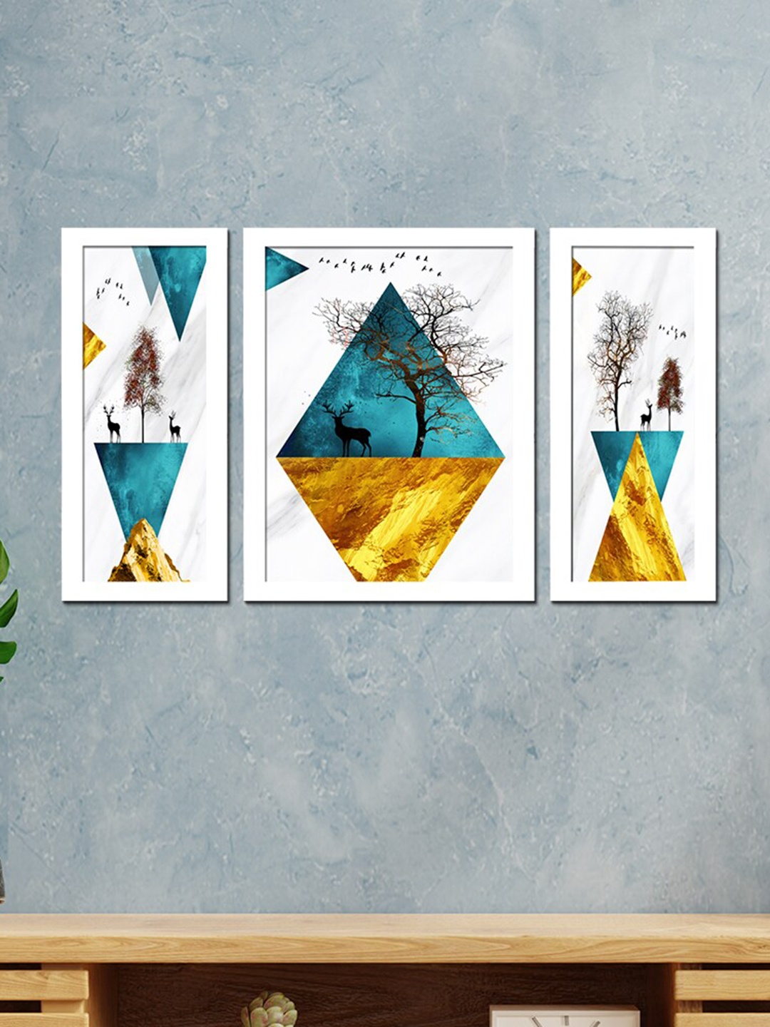 

WENS Set of 3 White & Blue Mural Modern Deer Wall Art Paintings